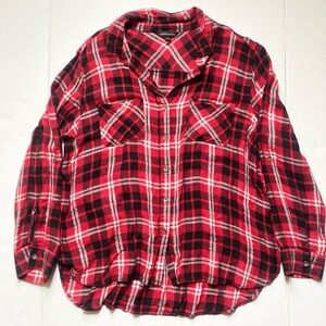 Rock & Republic Red and Black Plaid Button-Up Hi-Low Shirt XXL